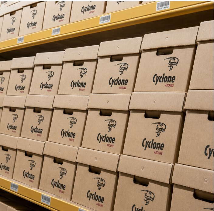 Cyclone Archive boxes stored on warehouse shelving